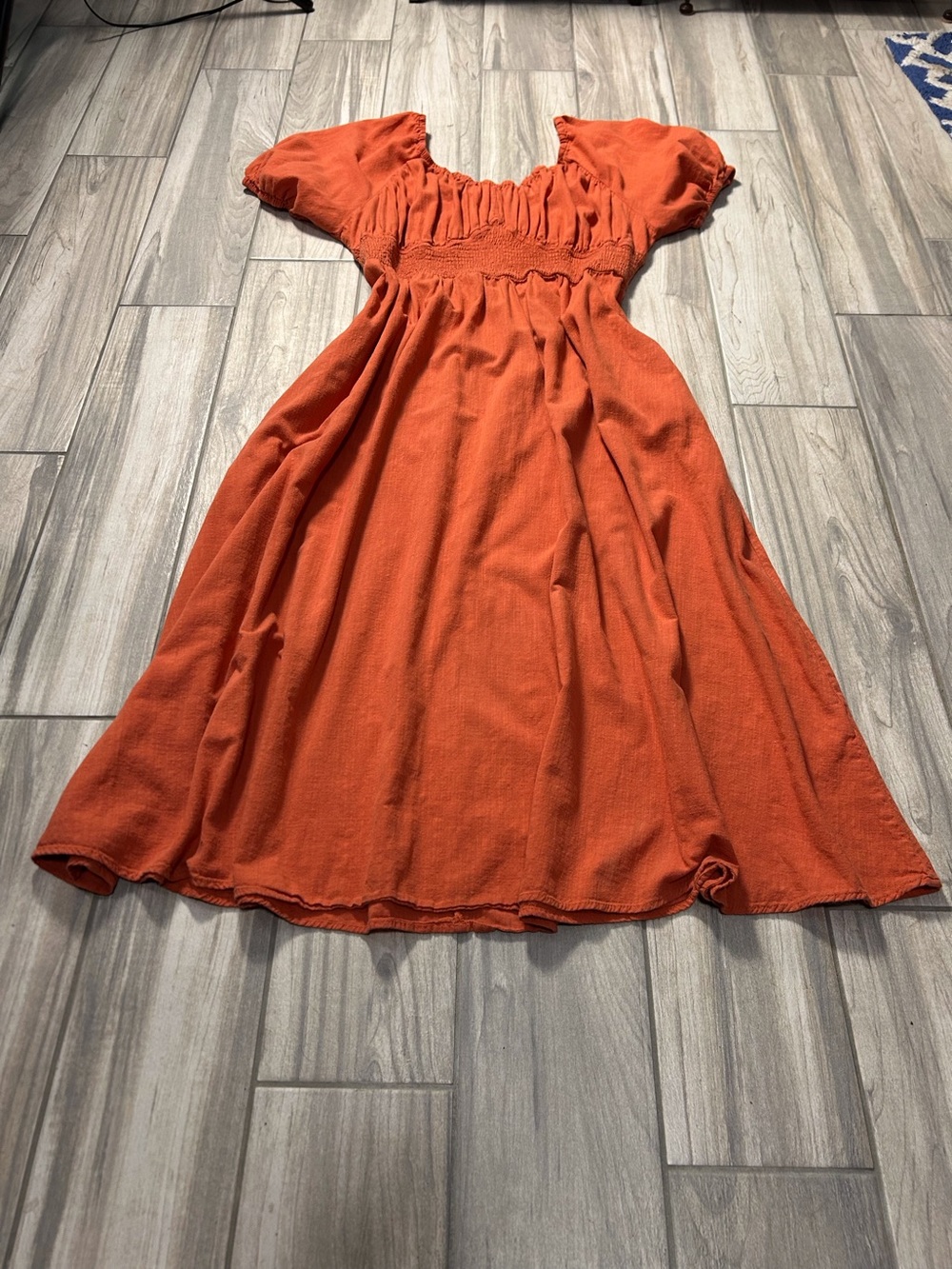 Orange Puff-Sleeve Smocked Dress Sz XL Imperial Waist Cottagecore Core Milk Maid